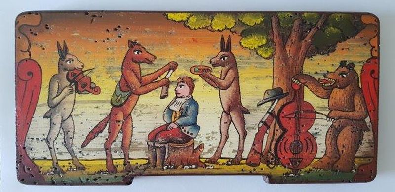 Bemalte Bienenstockstirnbretter - Waldtiere rasieren einen Jäger