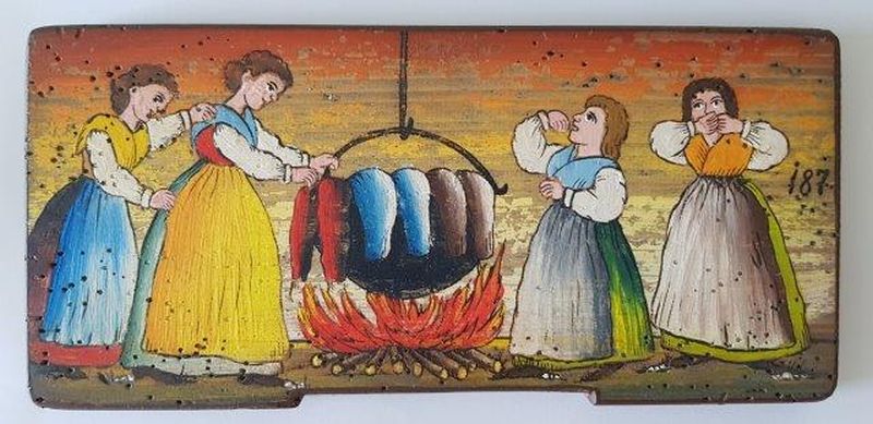 Bemalte Bienenstockstirnbretter - Weiber kochen eine Suppe aus Hosen