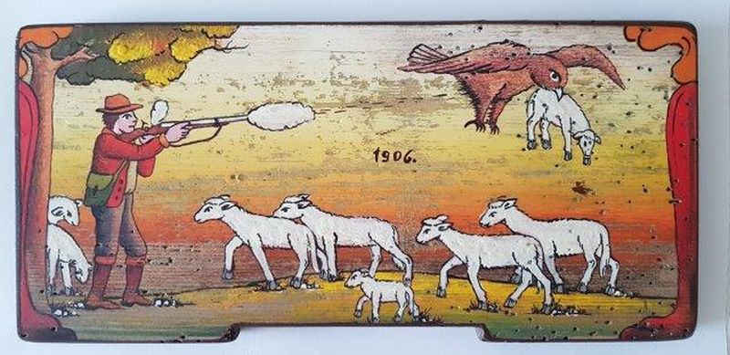 Bemalte Bienenstockstirnbretter - Hirt schiesst den Adler