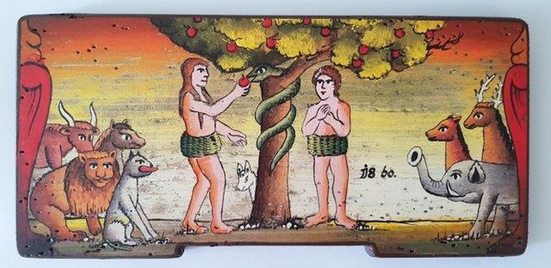 Bemalte Bienenstockstirnbretter - Adam und Eva