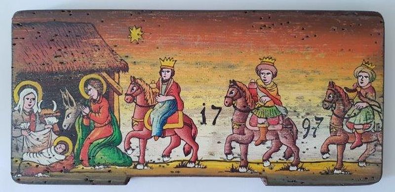 Bemalte Bienenstockstirnbretter - Die Huldigung der drei Könige