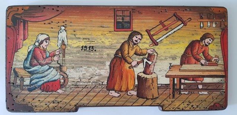 Bemalte Bienenstockstirnbretter-Josef als Zimmerman